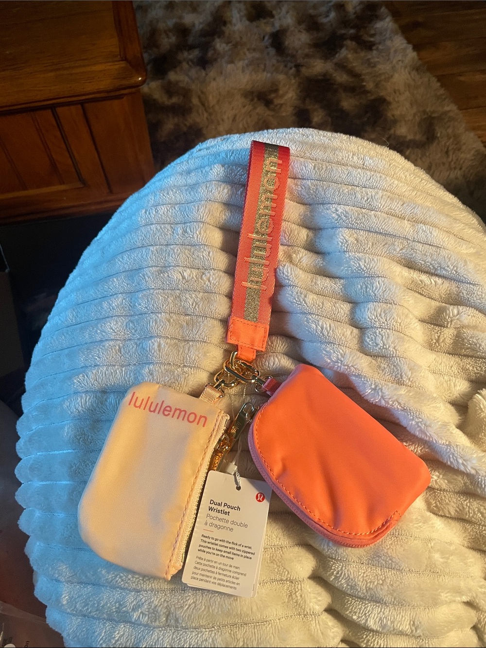 lululemon athletica Dual Pouch Wristlet in Coral and Light Pink w gold hardware